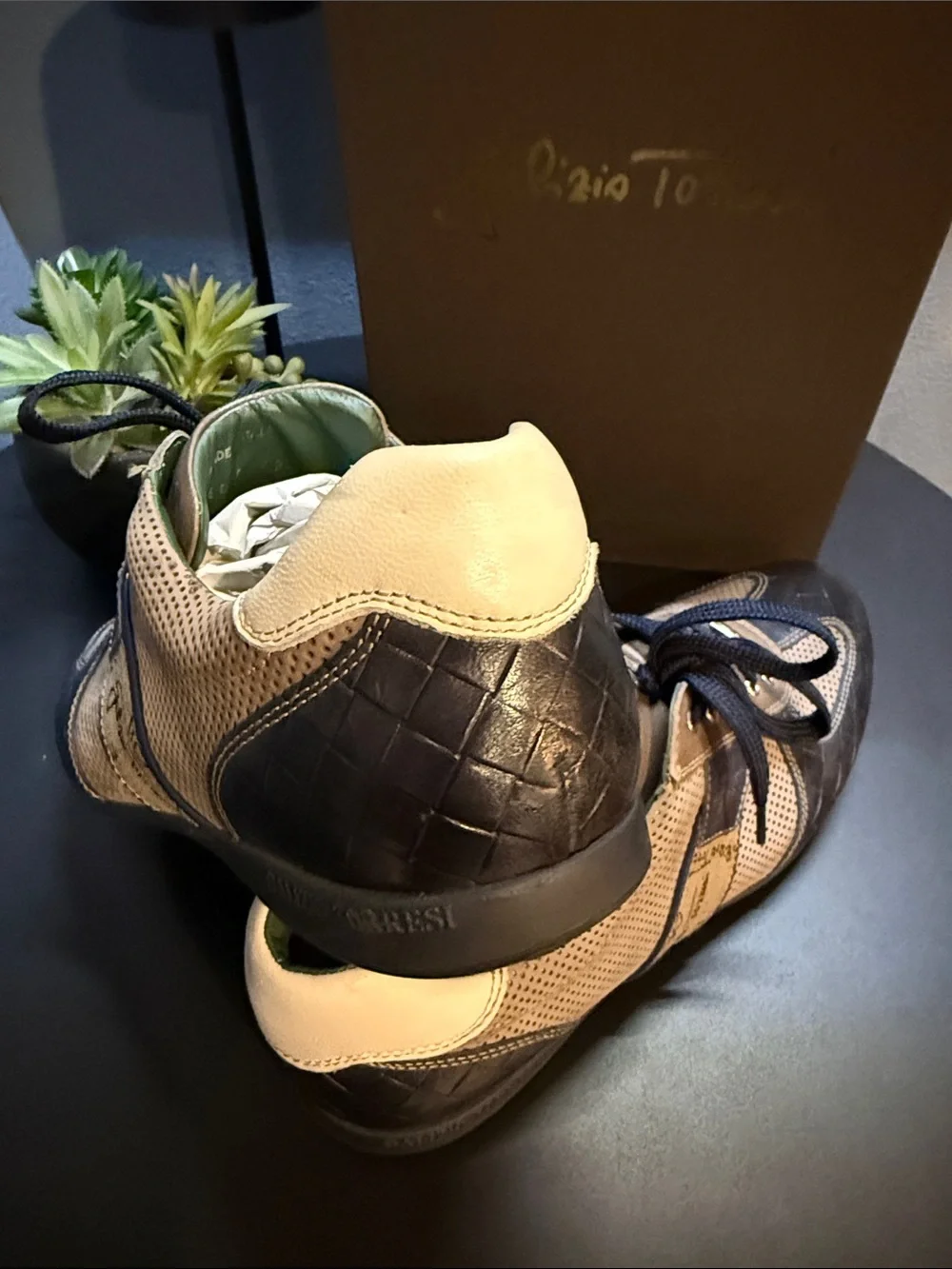 Galizio Torres Men's Tan, Dark Brown and Navy Blue Leather Sneaker